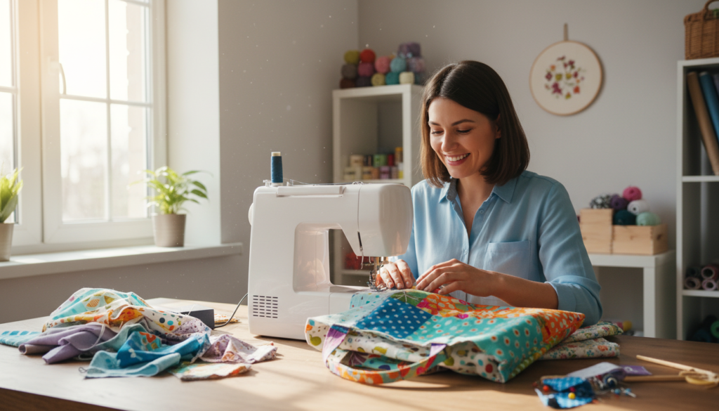 beginner sewer working on bag project with smile showing confidence