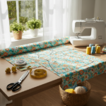 beginner sewing easy diy dress pattern with fabric and tools on table