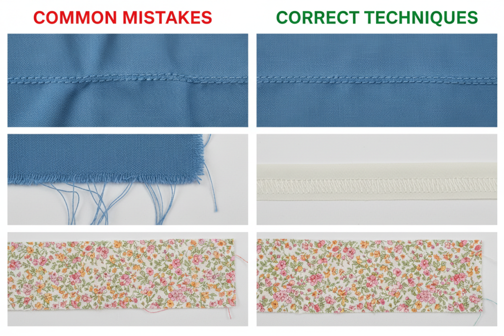 beginner sewing mistakes examples with corrections shown side by side