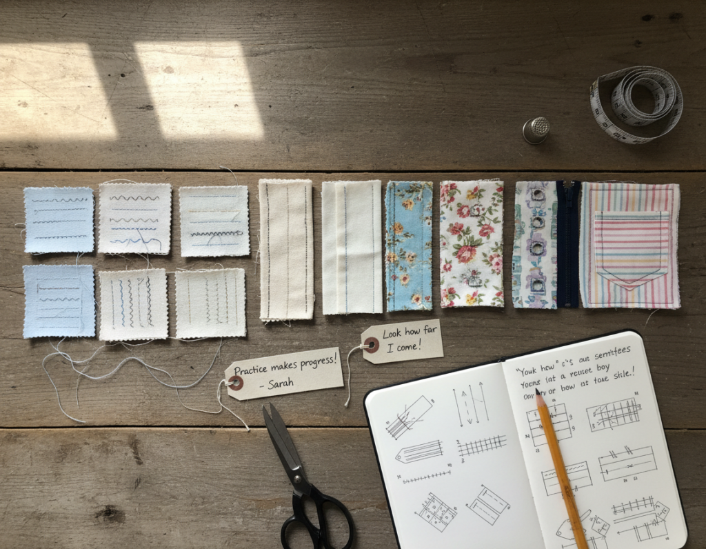 beginner sewing practice showing learning process with samples and notes beginner sewing practice showing learning process with samples and notes