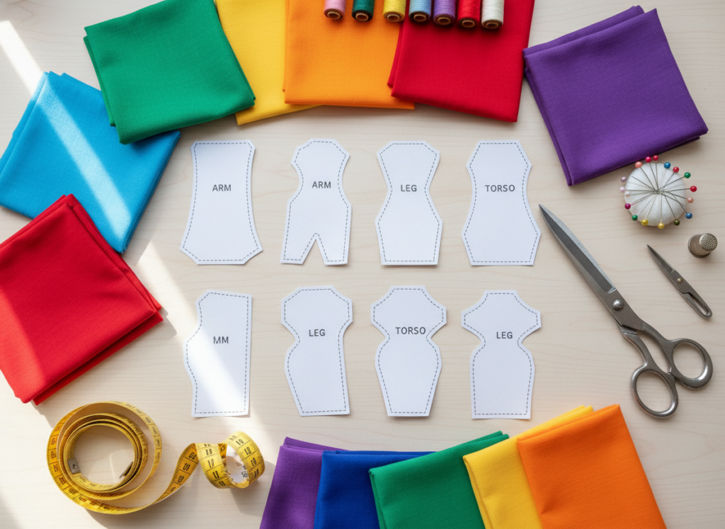 beginner sewing project workspace with doll pattern pieces and fabric