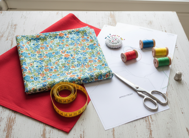 beginner sewing projects apron materials laid out on table