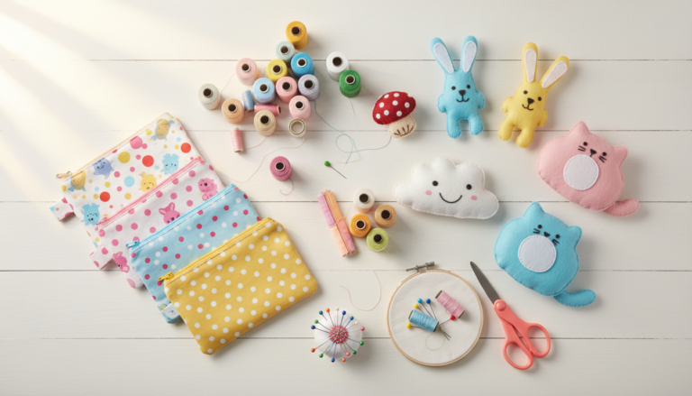 beginner sewing projects easy for kids with colorful fabric and simple tools