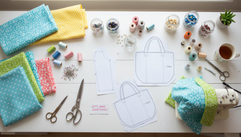 beginner sewing projects easy free pattern workspace with colorful fabrics