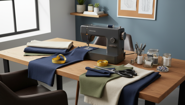 beginner sewing projects for men workspace with fabric and tools