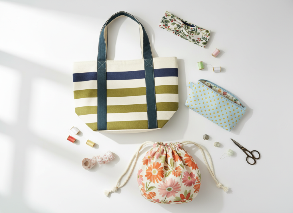 beginner sewing projects laid out showing tote bags and pouches