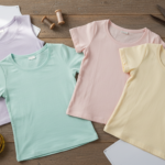 beginner sewing projects tops showing various simple tank tops and t-shirts laid flat on wooden table with sewing supplies