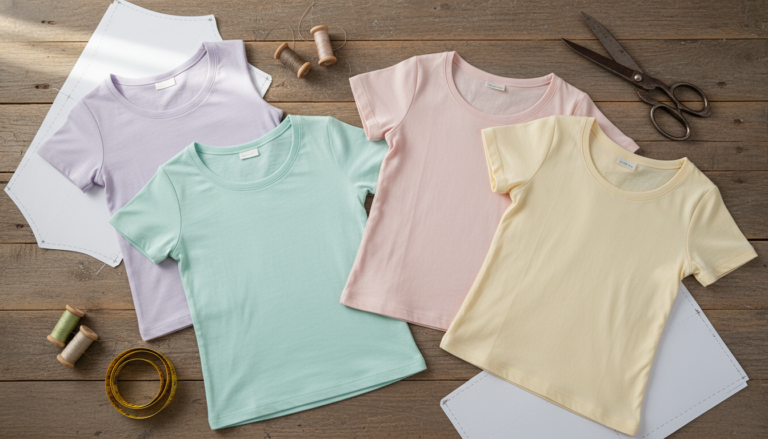 beginner sewing projects tops showing various simple tank tops and t-shirts laid flat on wooden table with sewing supplies