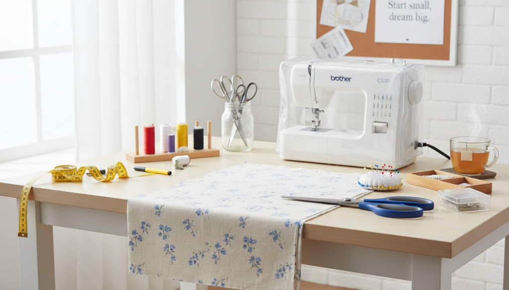 beginner sewing setup showing essential tools and workspace organization beginner sewing setup showing essential tools and workspace organization