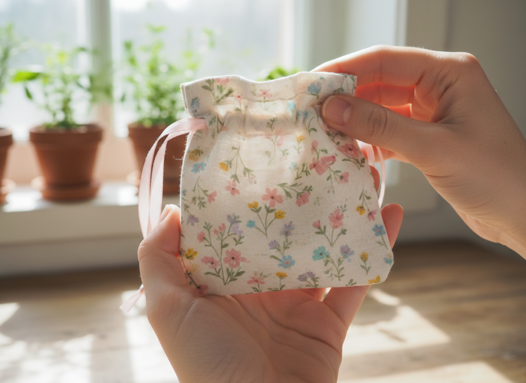 beginner sewing small aesthetic fabric pouch with floral pattern