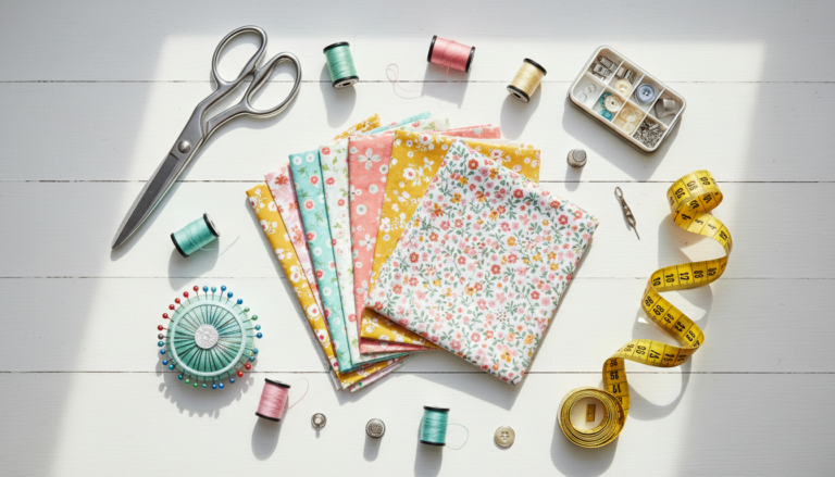 beginner sewing supplies and fabric laid out on table ready for first project