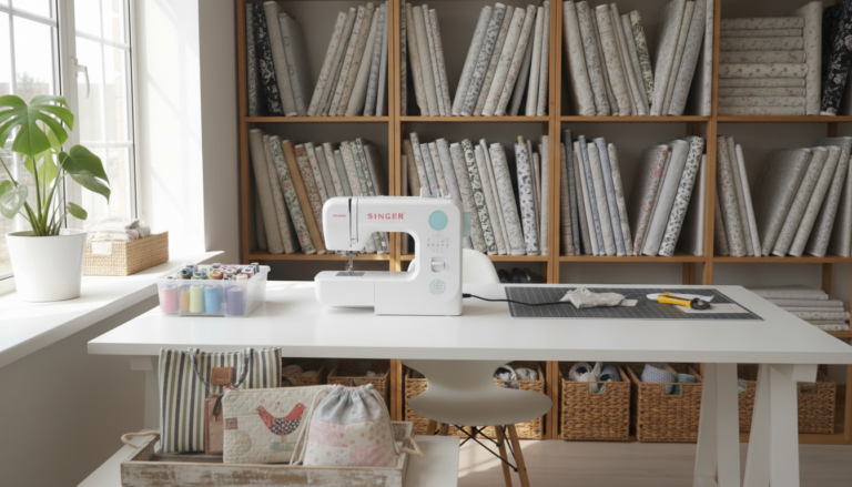 beginner sewing workspace with colorful fabrics and simple handmade projects ready to sell