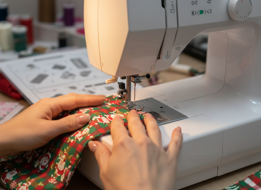 beginner using sewing machine to create Christmas gifts with helpful setup