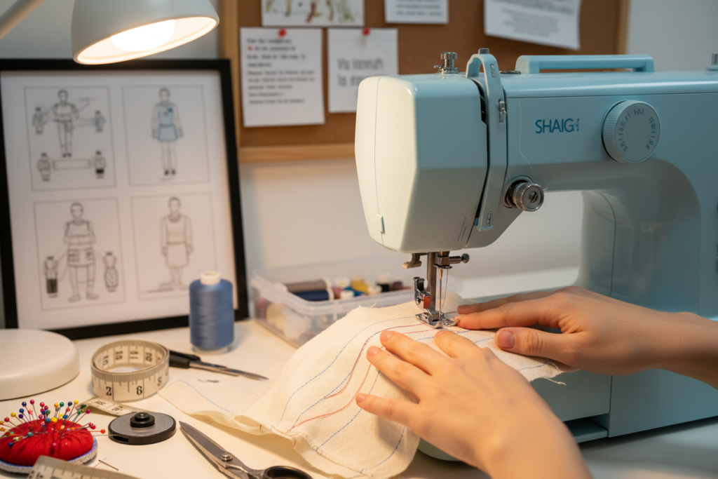beginner using sewing machine with proper setup and practice fabric beginner using sewing machine with proper setup and practice fabric