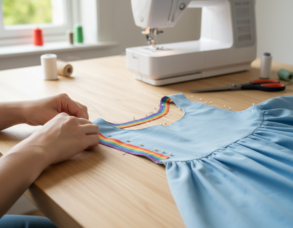 bias tape being attached to dress neckline