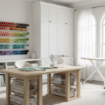 bright organized sewing room with natural light and custom storage solutions