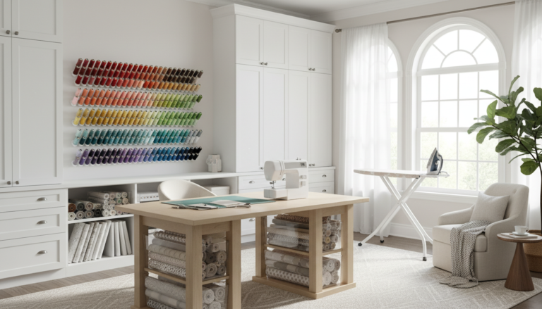 bright organized sewing room with natural light and custom storage solutions