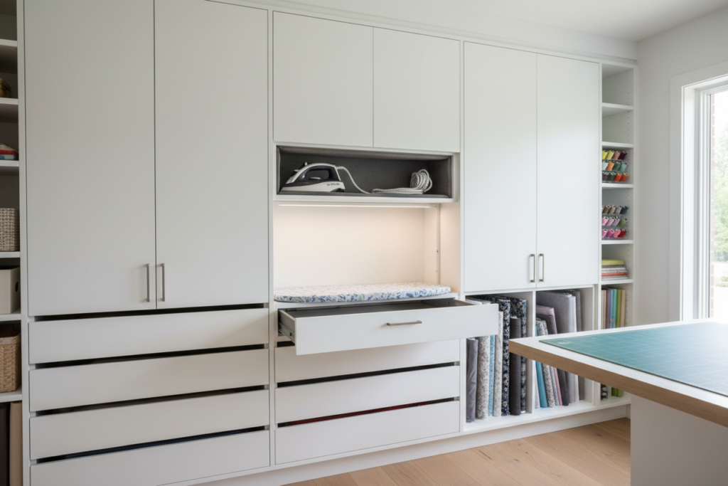 built-in ironing board in sewing room cabinet