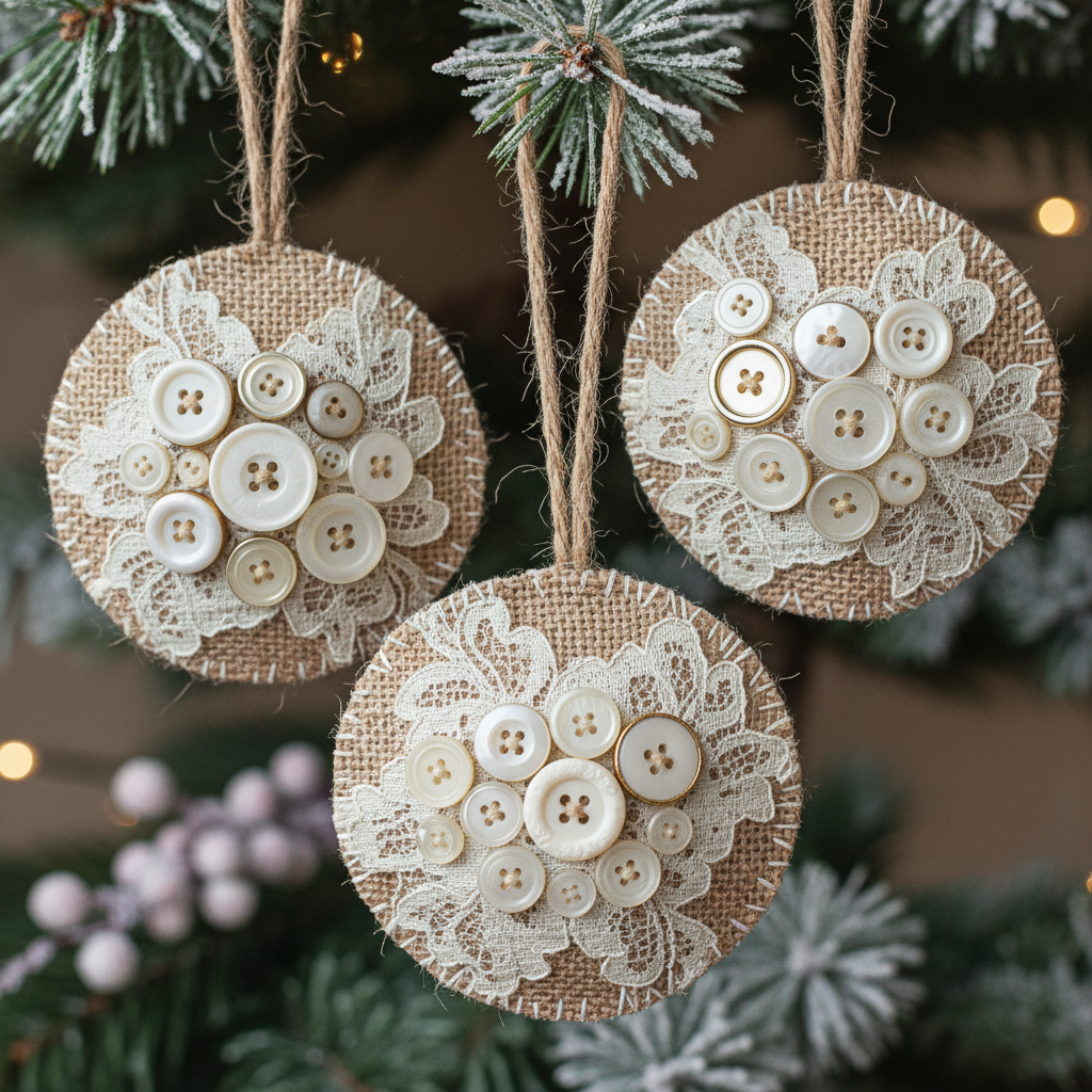 burlap and lace ornaments with vintage charm