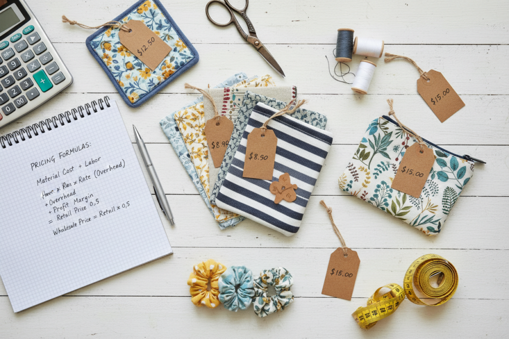 calculator and handmade items with price tags showing pricing strategy
