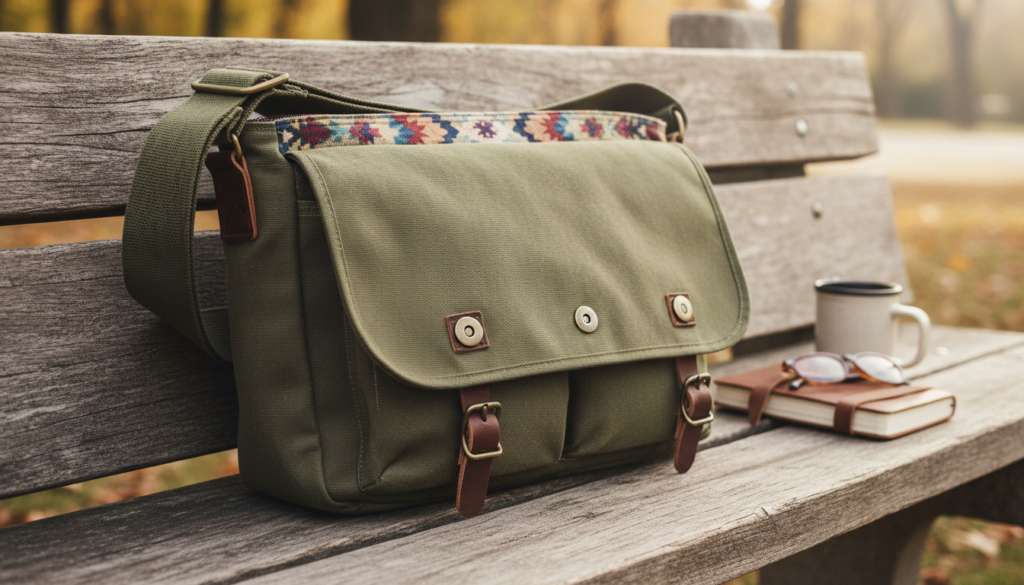 casual messenger bag showing strap and flap construction