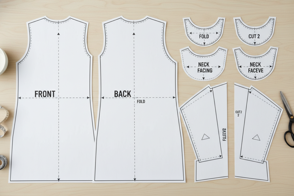 casual shift dress pattern pieces laid out