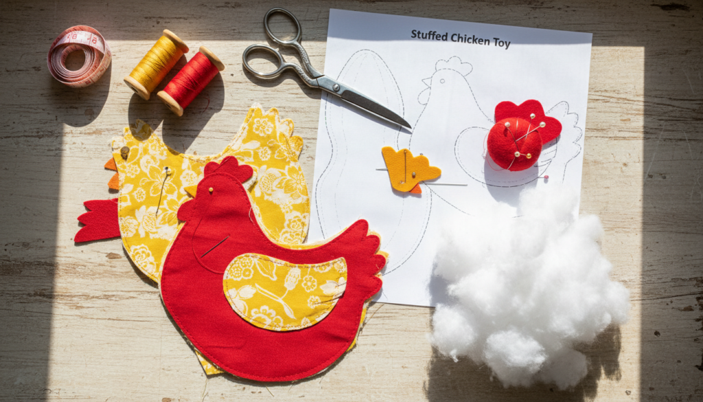 chicken sewing pattern stuffed materials laid out including fabric, thread, and pattern pieces