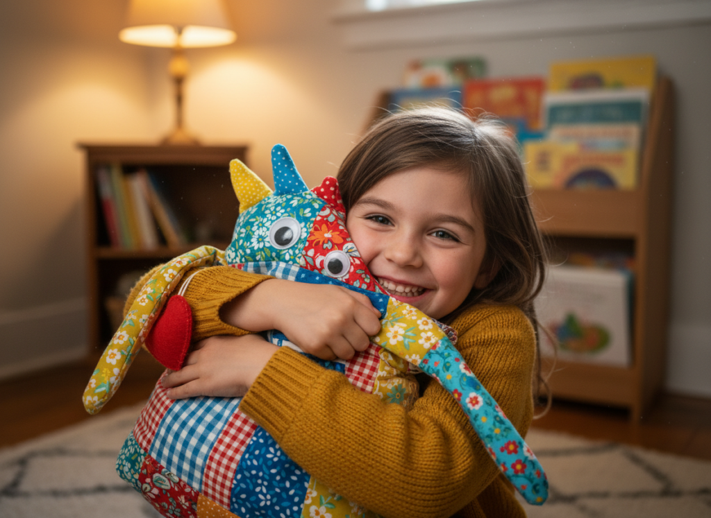 child hugging a handmade fabric gift showing appreciation for small sewing projects