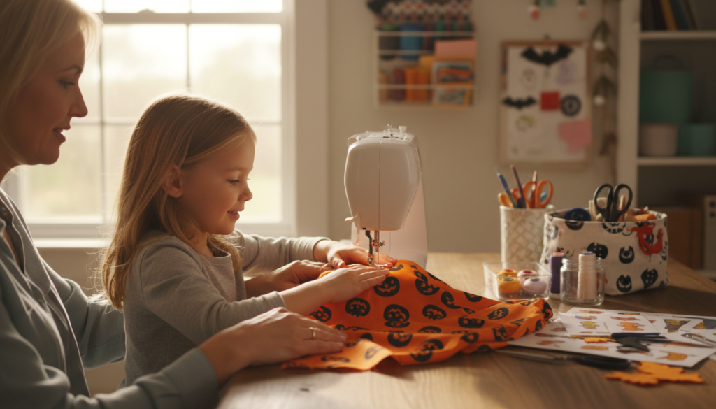 child learning to sew halloween projects with adult supervision