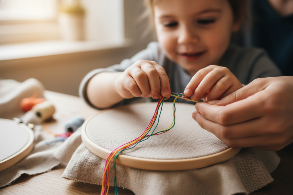 child learning to thread a needle for beginner sewing projects