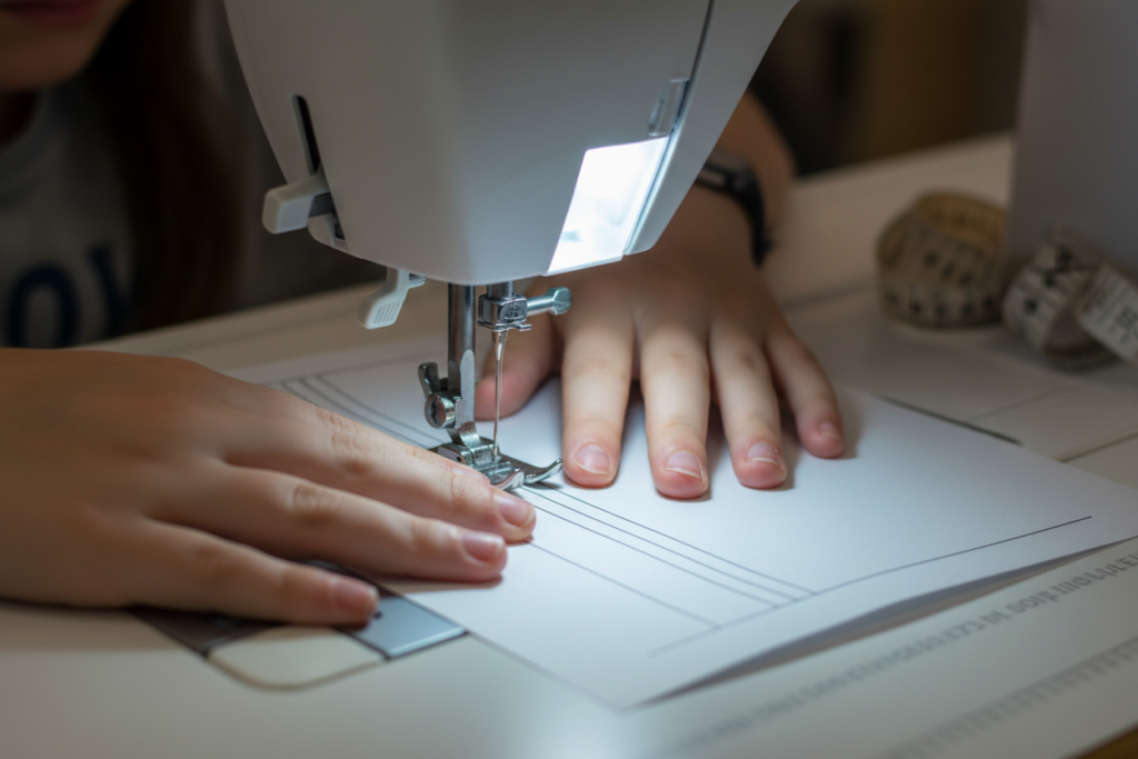 child practicing straight line sewing on paper before fabric