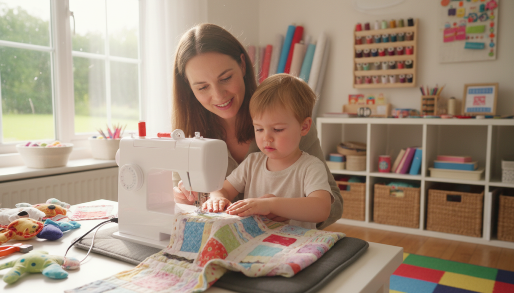 child using sewing machine for beginner projects with adult supervision