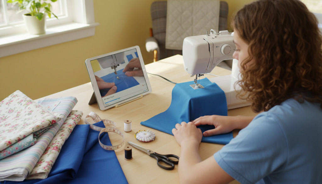 child watching sewing tutorial video on tablet