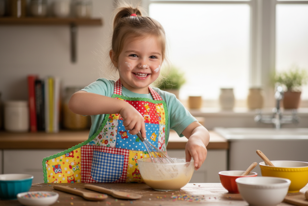 child wearing handmade reversible apron demonstrating DIY gift for kids