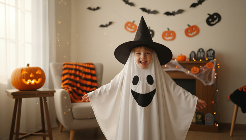 child wearing homemade ghost costume and witch hat