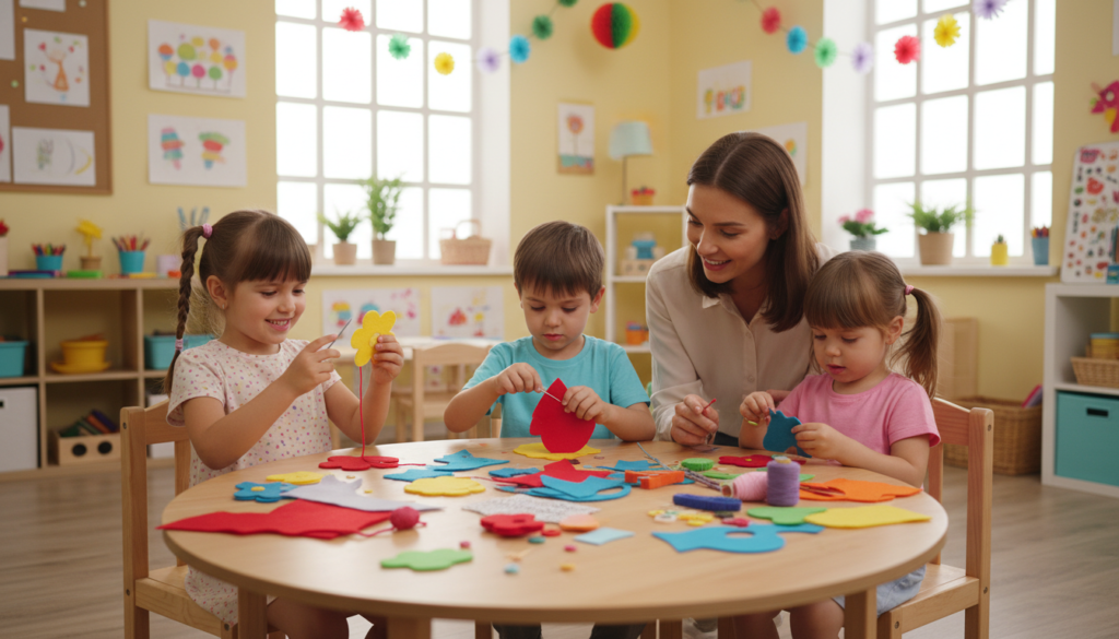 children doing hand sewing projects with colorful felt and large plastic needles children doing hand sewing projects with colorful felt and large plastic needles