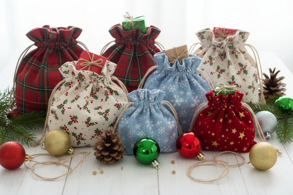 christmas drawstring gift bags in various sizes