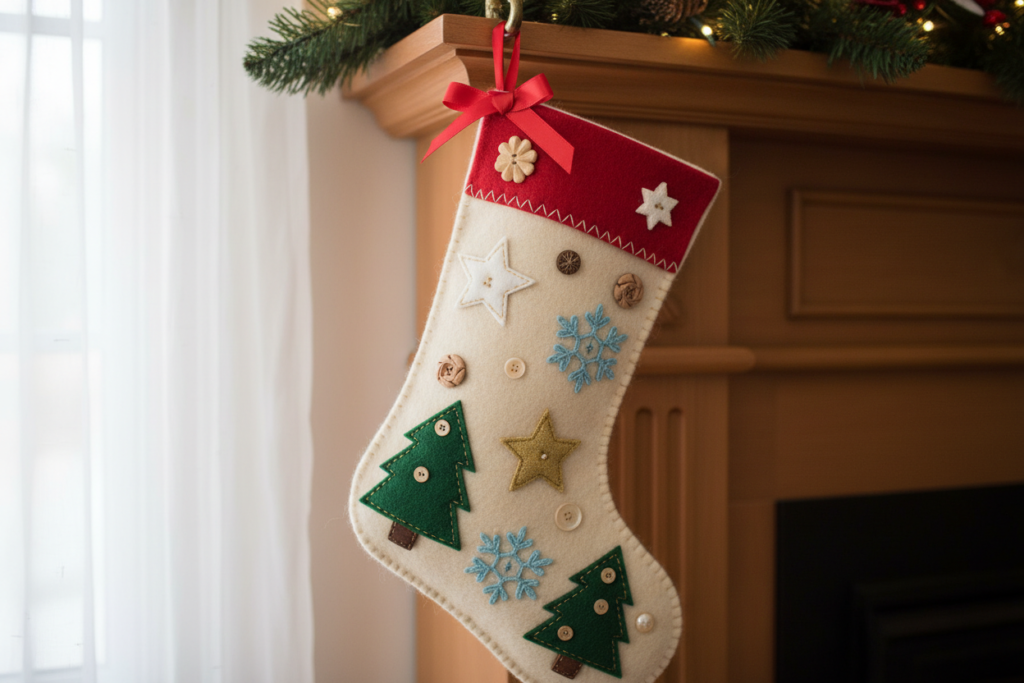 christmas stocking decorated with applique shapes and ribbon trim