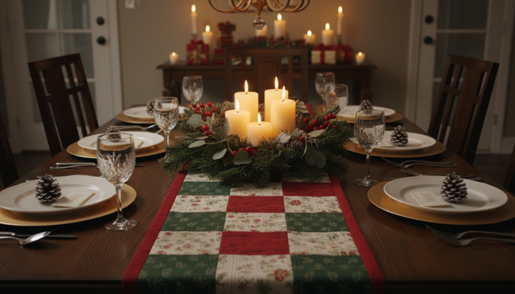 christmas table runner on dining table with holiday place settings and centerpiece
