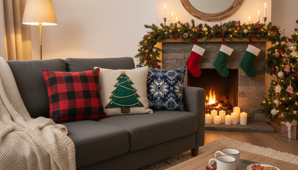 christmas throw pillows arranged on cozy living room sofa with holiday decor