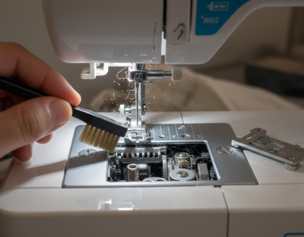 cleaning sewing machine feed dogs with brush