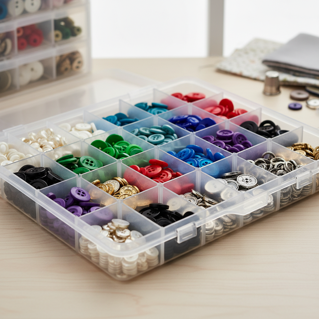 clear storage containers with organized buttons sorted by color and size
