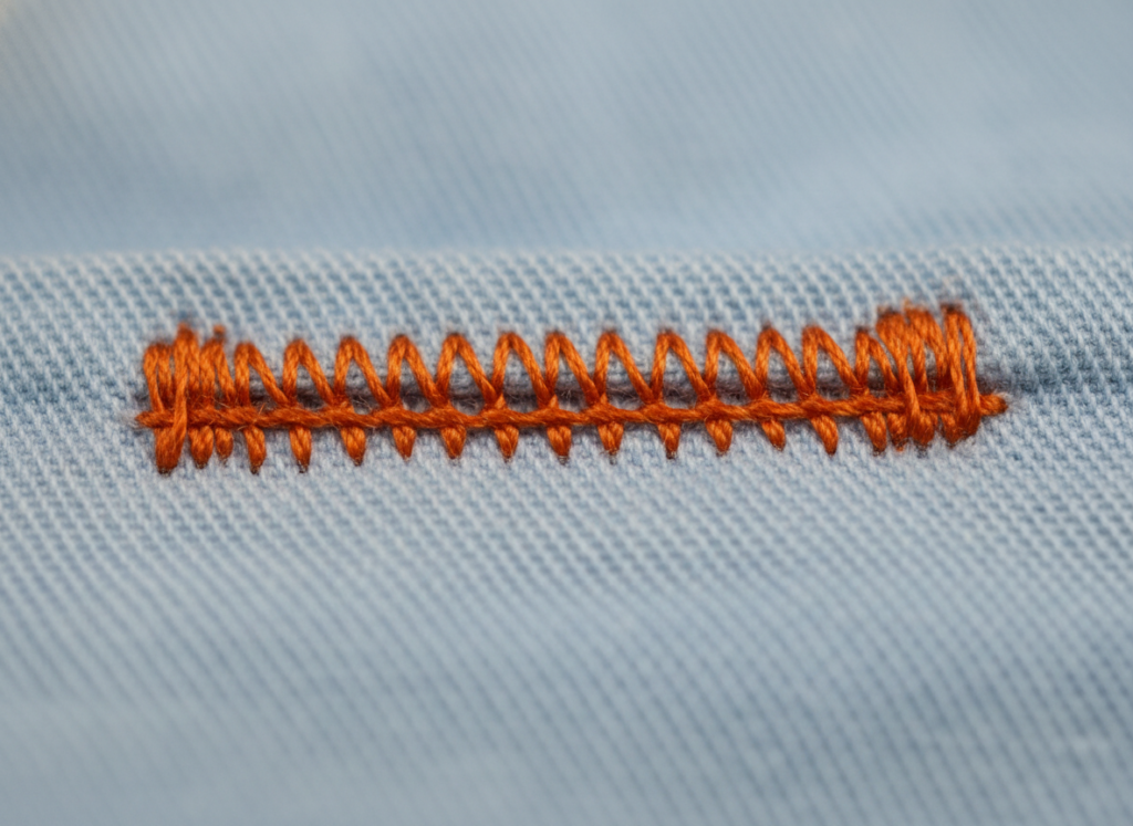 close-up of backstitching technique on fabric
