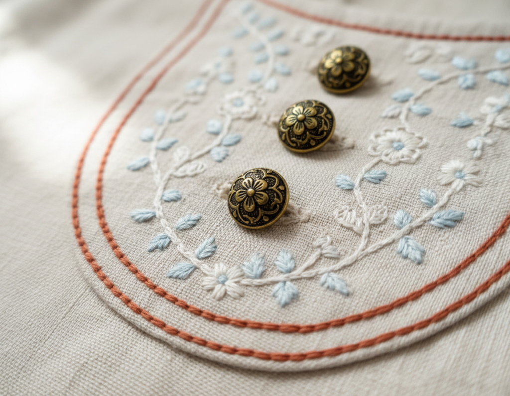 close-up of decorative embellishments on handmade top including buttons and embroidery