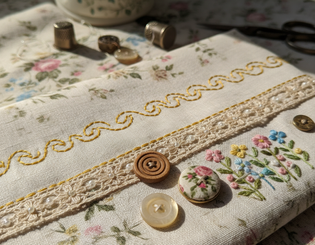 close-up of decorative sewing details on aesthetic fabric project