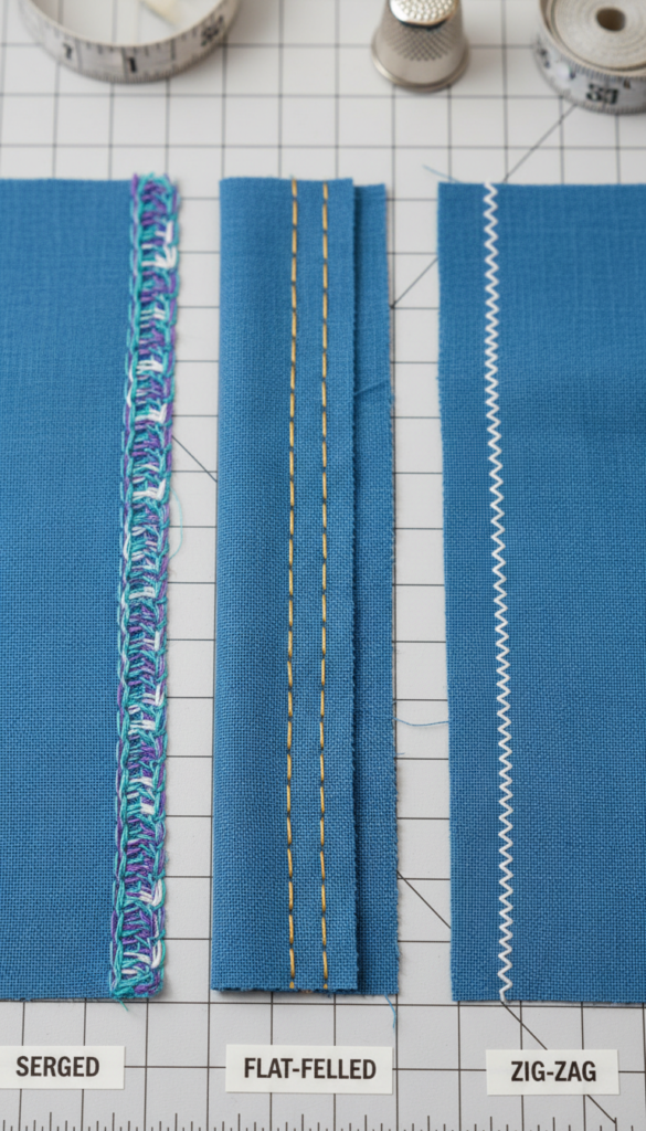 close-up of different seam finishing techniques
