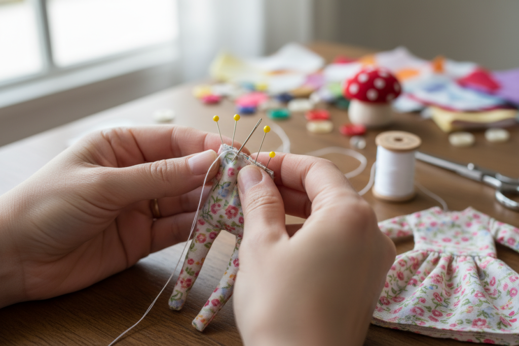 close-up of hand stitching techniques on doll pattern