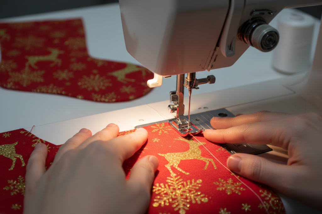 close-up of hands guiding fabric through sewing machine with even seam