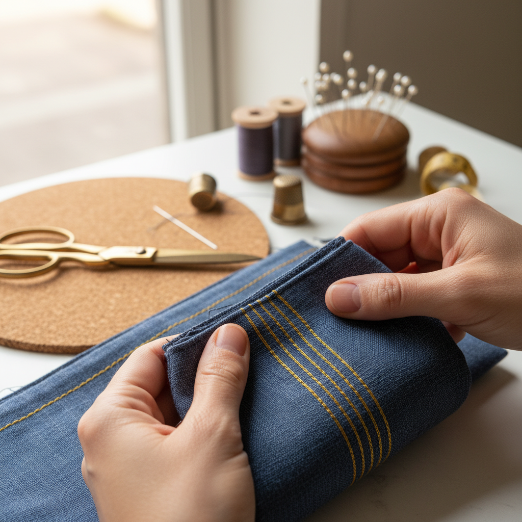close-up of hands inspecting handmade item showing attention to quality details