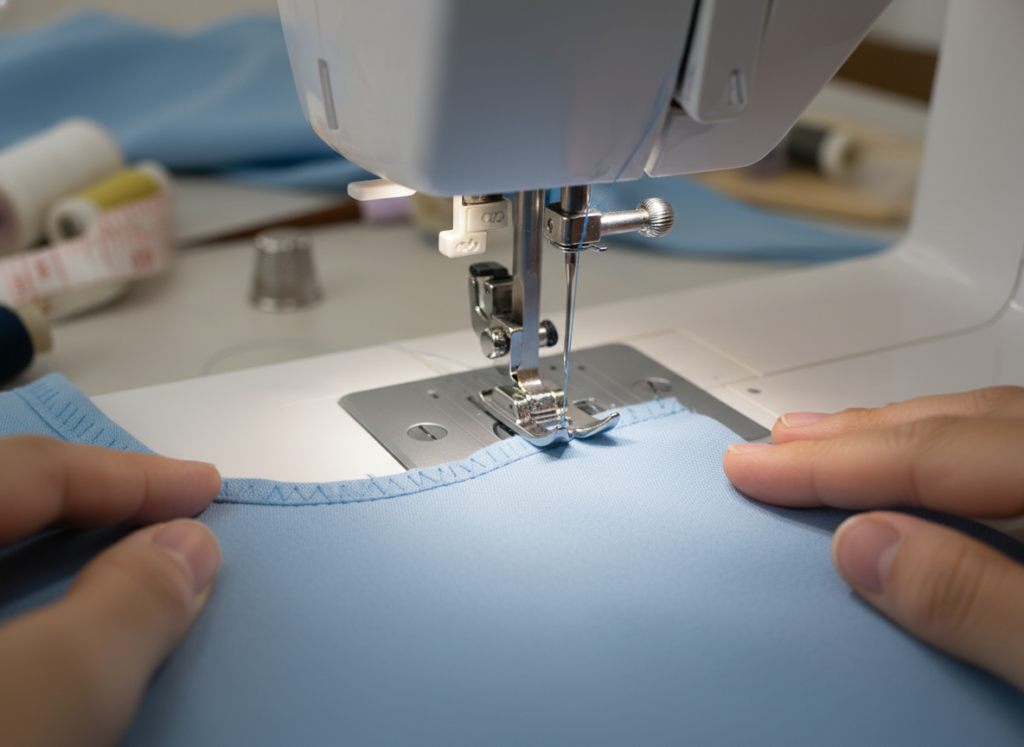 close-up of hands sewing neckline on sewing machine